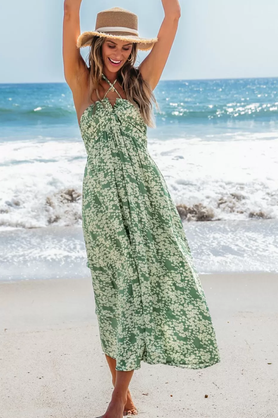 Shop Cupshe Ditsy Floral Halterneck Maxi Dress Light Green