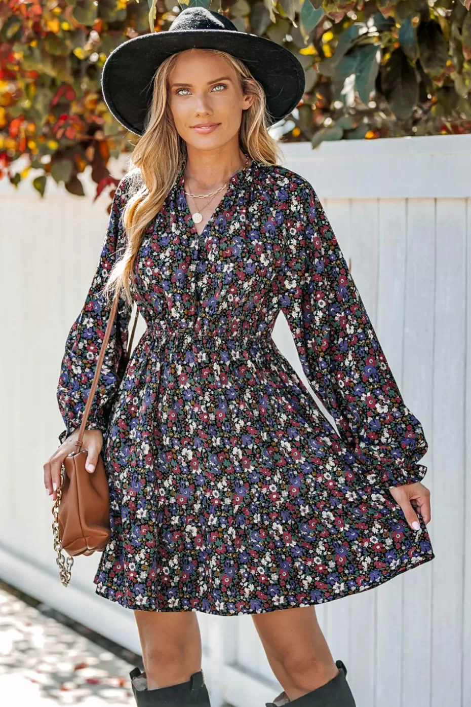 Best Cupshe Ditsy Floral Print Smocking Mini Dress Black