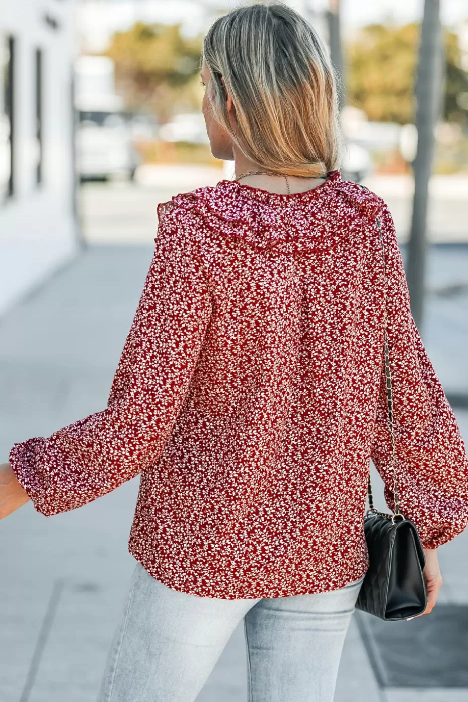 Hot Cupshe Ditsy Floral Ruffled Puff Sleeve Top Red-Black