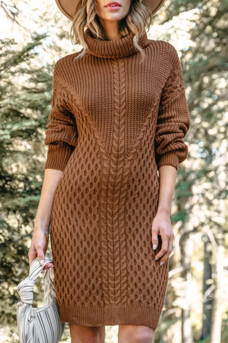 Sale Cupshe Drop Sleeve Turtleneck Sweater Dress Brown
