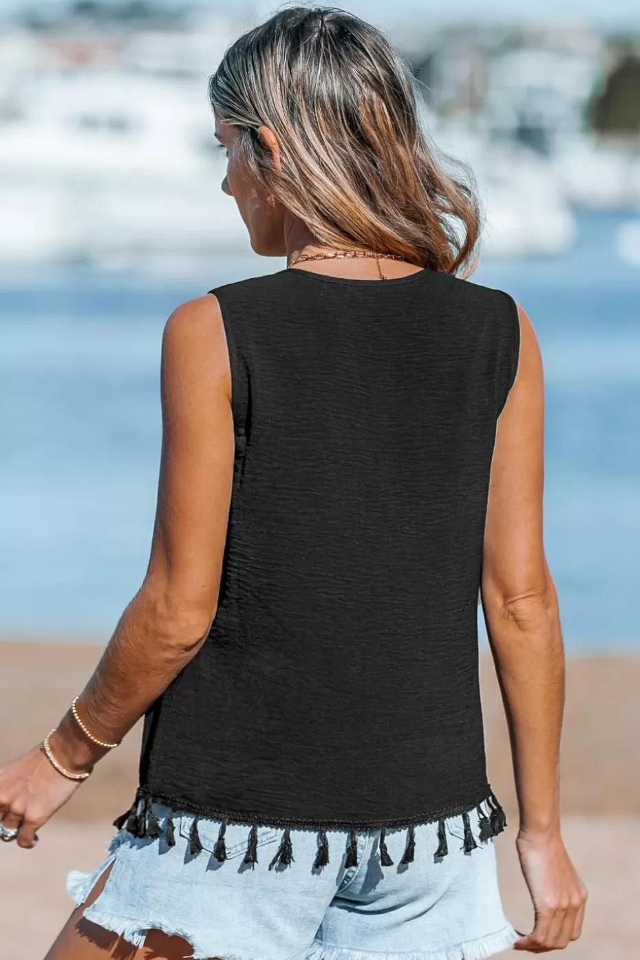 Cheap Cupshe Embroidered Tassel V-Neck Top Black