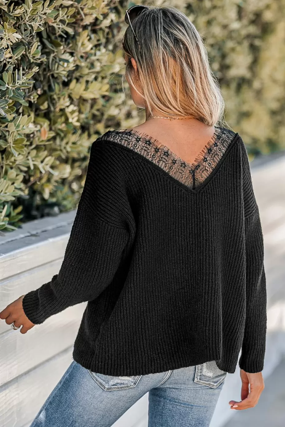 Online Cupshe Eyelash Lace V-Neck Rib Sweater Black