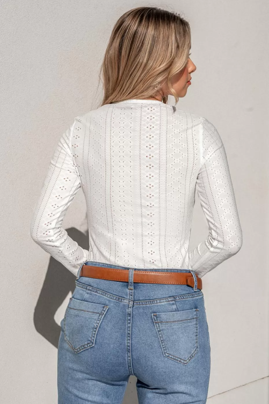 Sale Cupshe Eyelet Scalloped Long Sleeve Top White