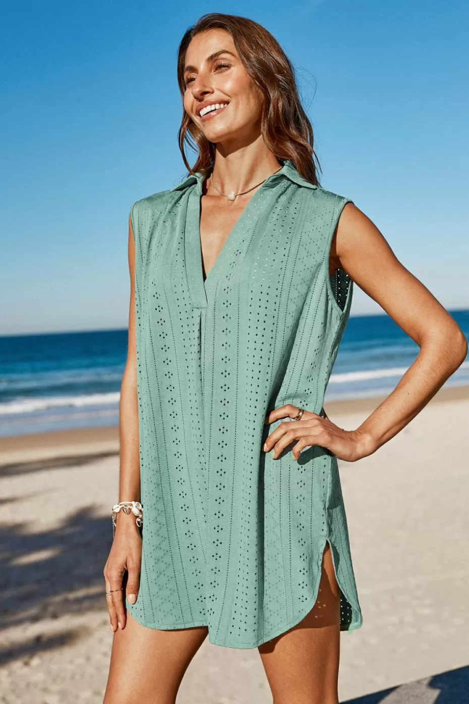 Clearance Cupshe Eyelet V-Neck Cover-Up Dress Green
