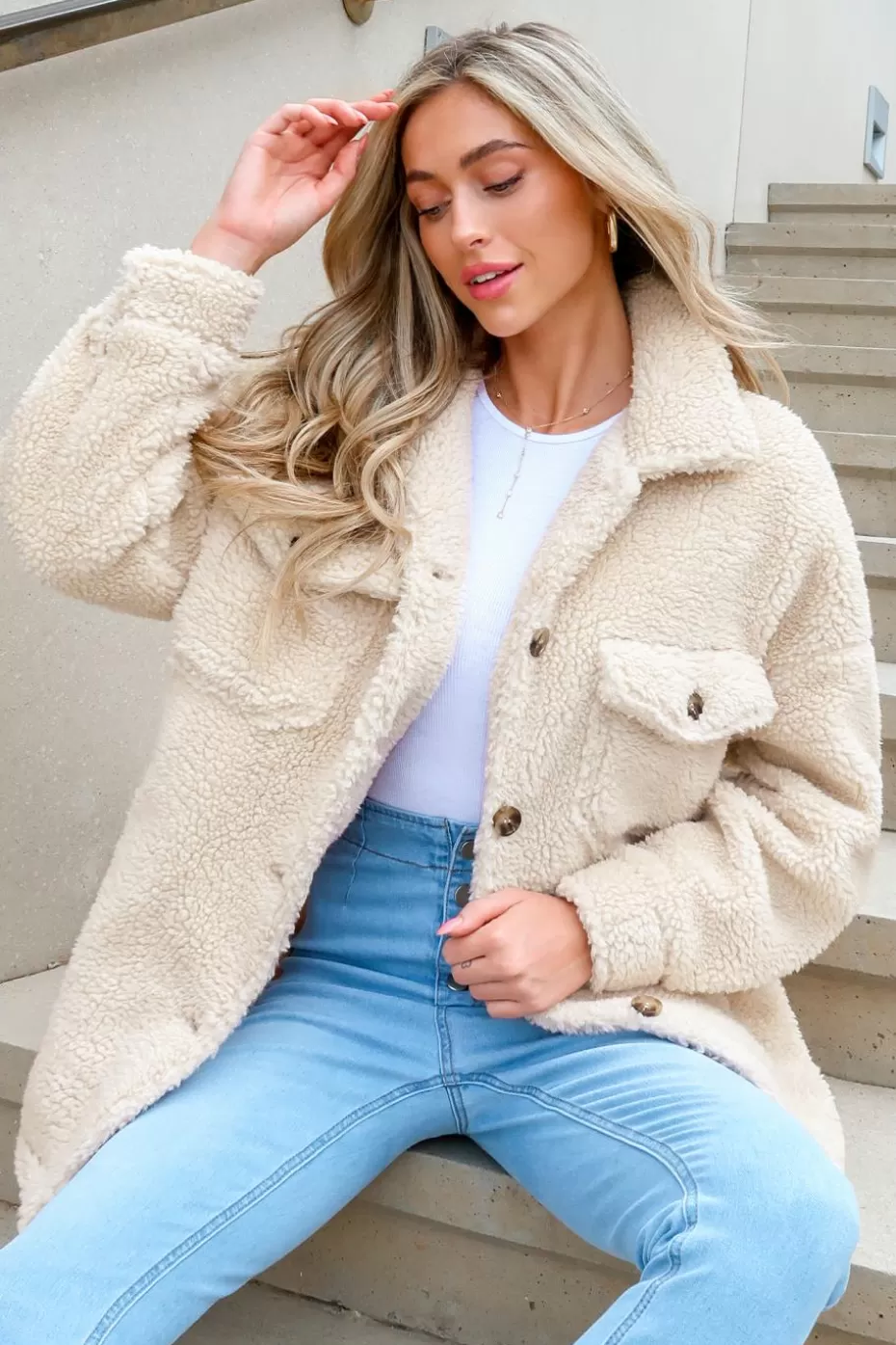 Store Cupshe Faux Shearling Button-Front Teddy Coat Apricot