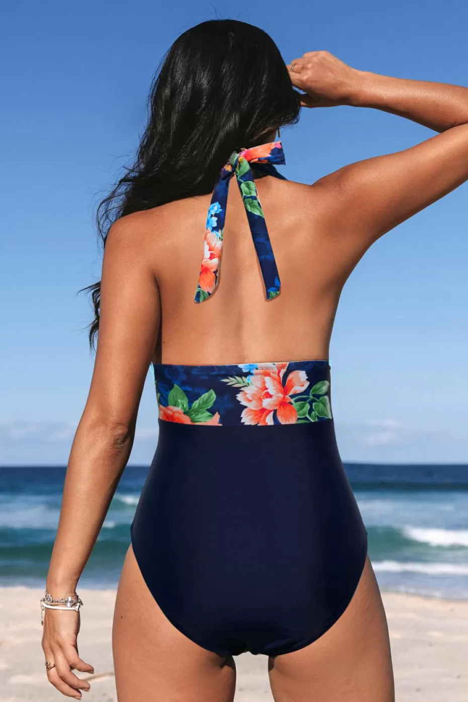 Online Cupshe Floral & Navy Colorblock Halterneck Tummy Control One-Piece Orange