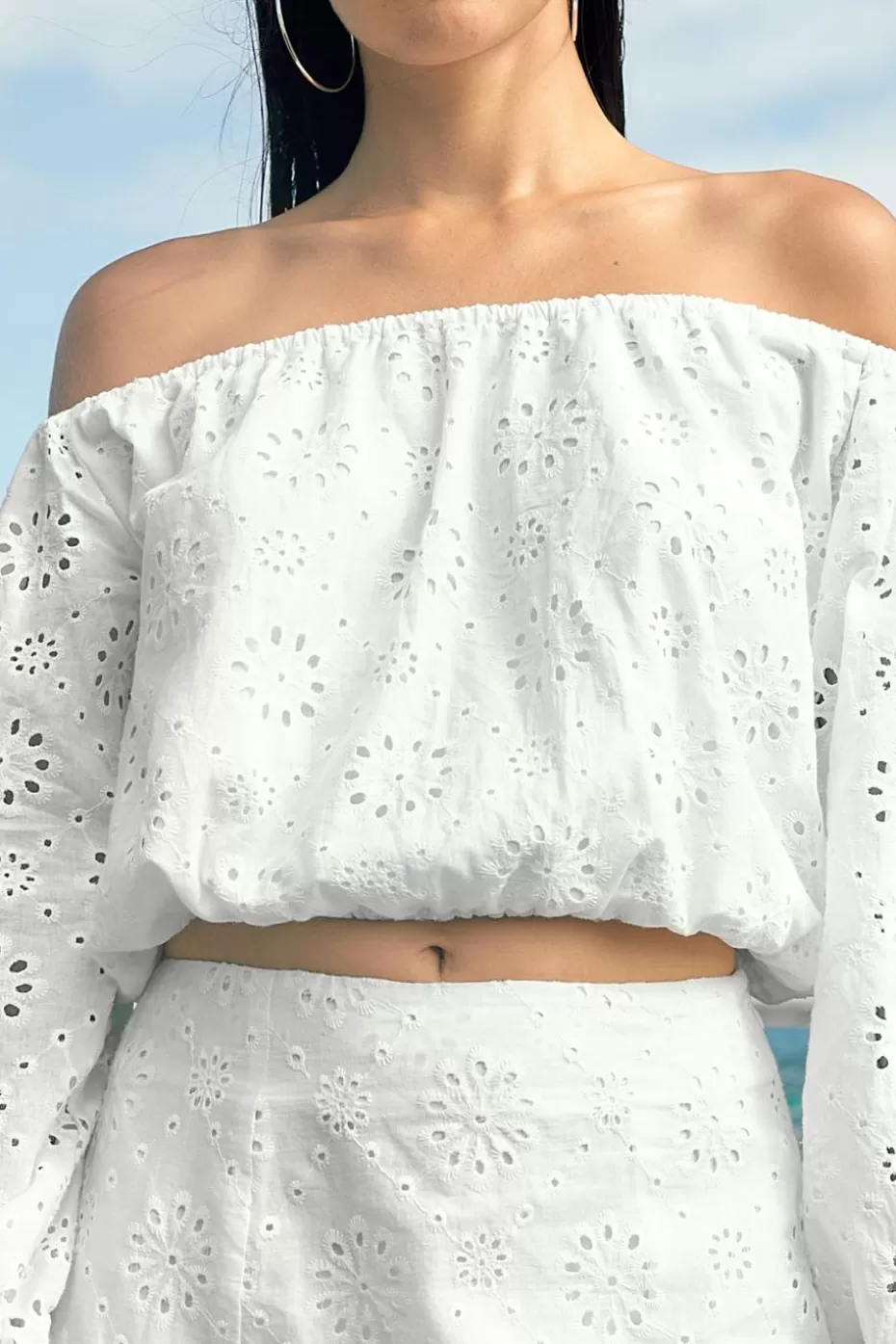 Hot Cupshe Floral Eyelet Off-Shoulder Top White