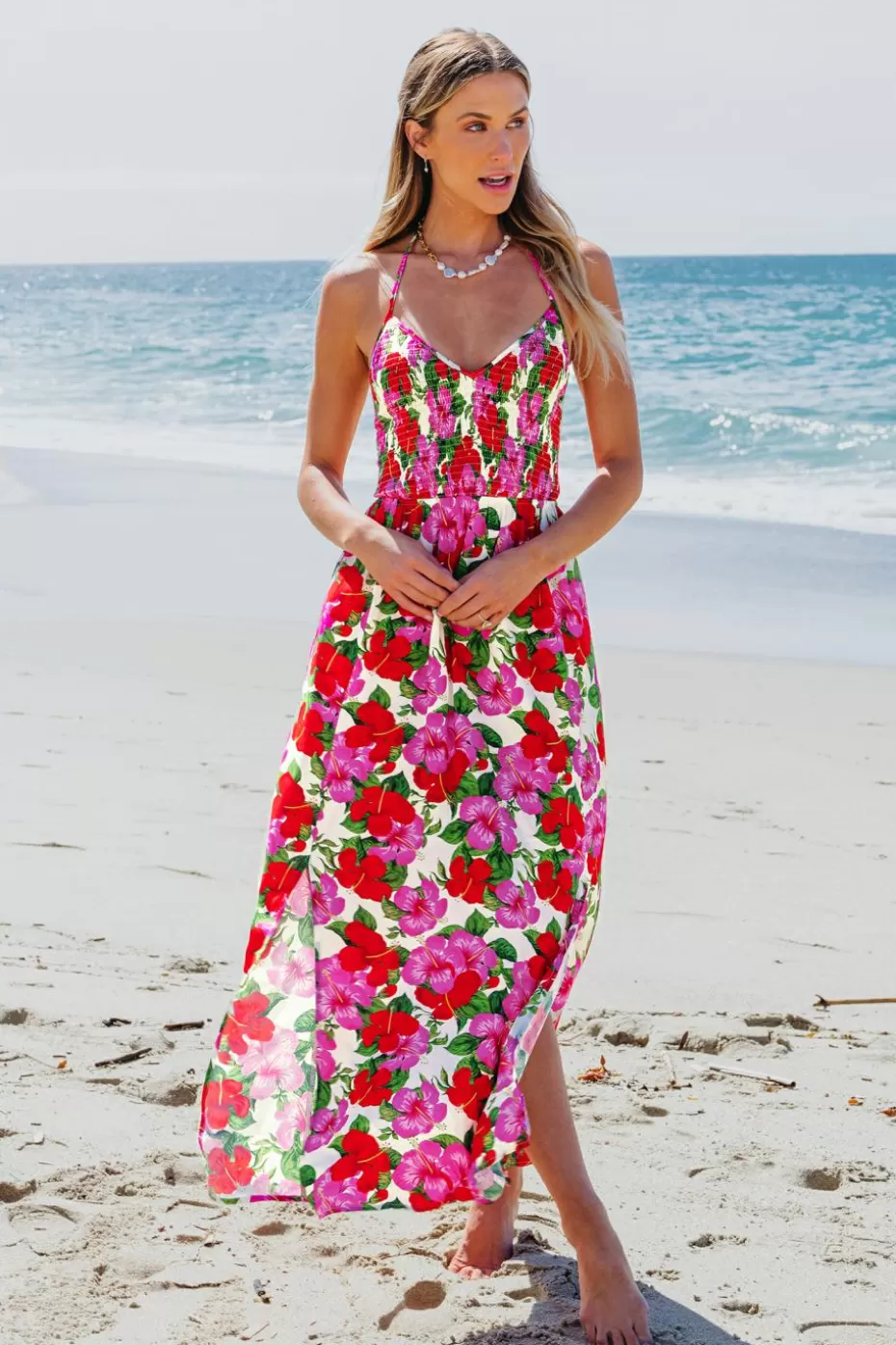 Best Cupshe Floral Halterneck Smocked Bodice Maxi Dress Red