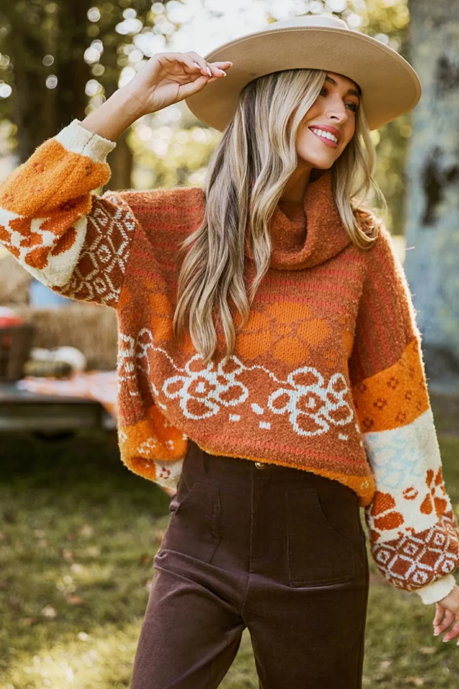 Best Cupshe Floral Intarsia Knit Loose Turtleneck Sweater Tangerine