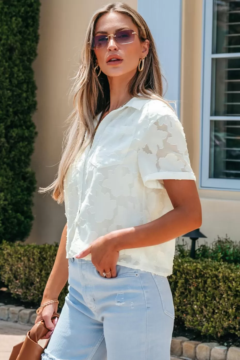 Outlet Cupshe Floral Jacquard Short Sleeve Shirt White