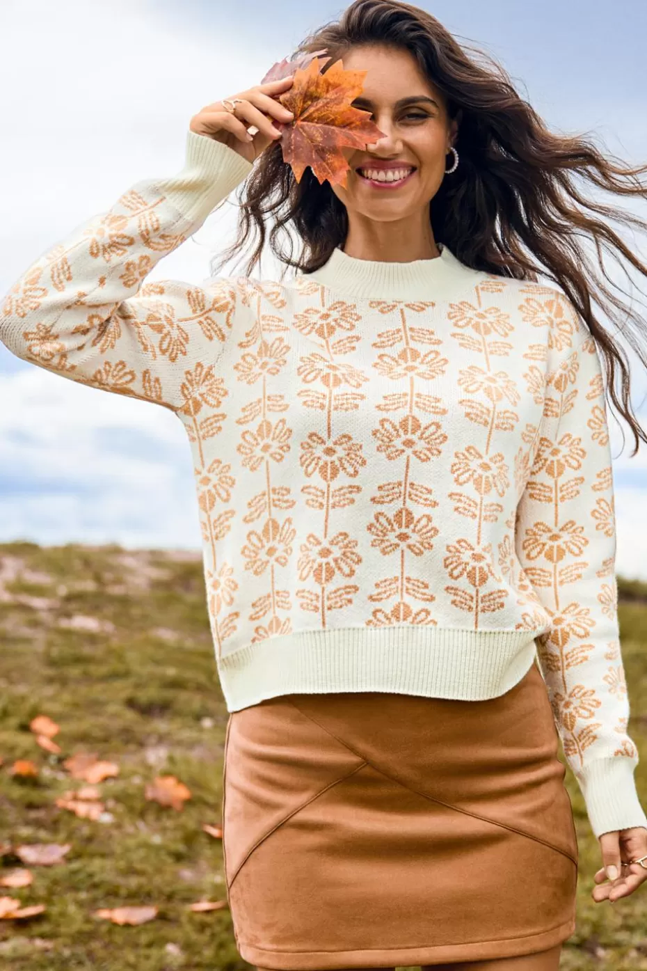 Best Sale Cupshe Floral Knit Round Neck Drop Shoulder Sweater Orange