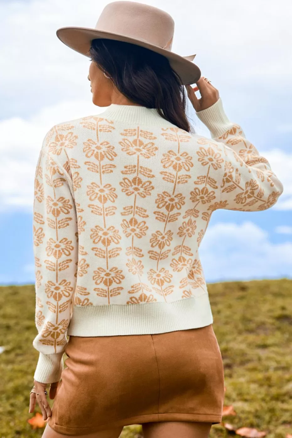 Best Sale Cupshe Floral Knit Round Neck Drop Shoulder Sweater Orange