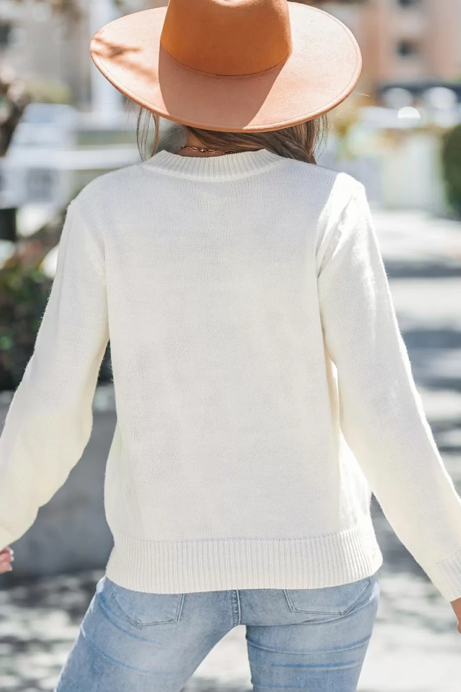 Fashion Cupshe Floral Knit Round Neck Long Sleeve Sweater White