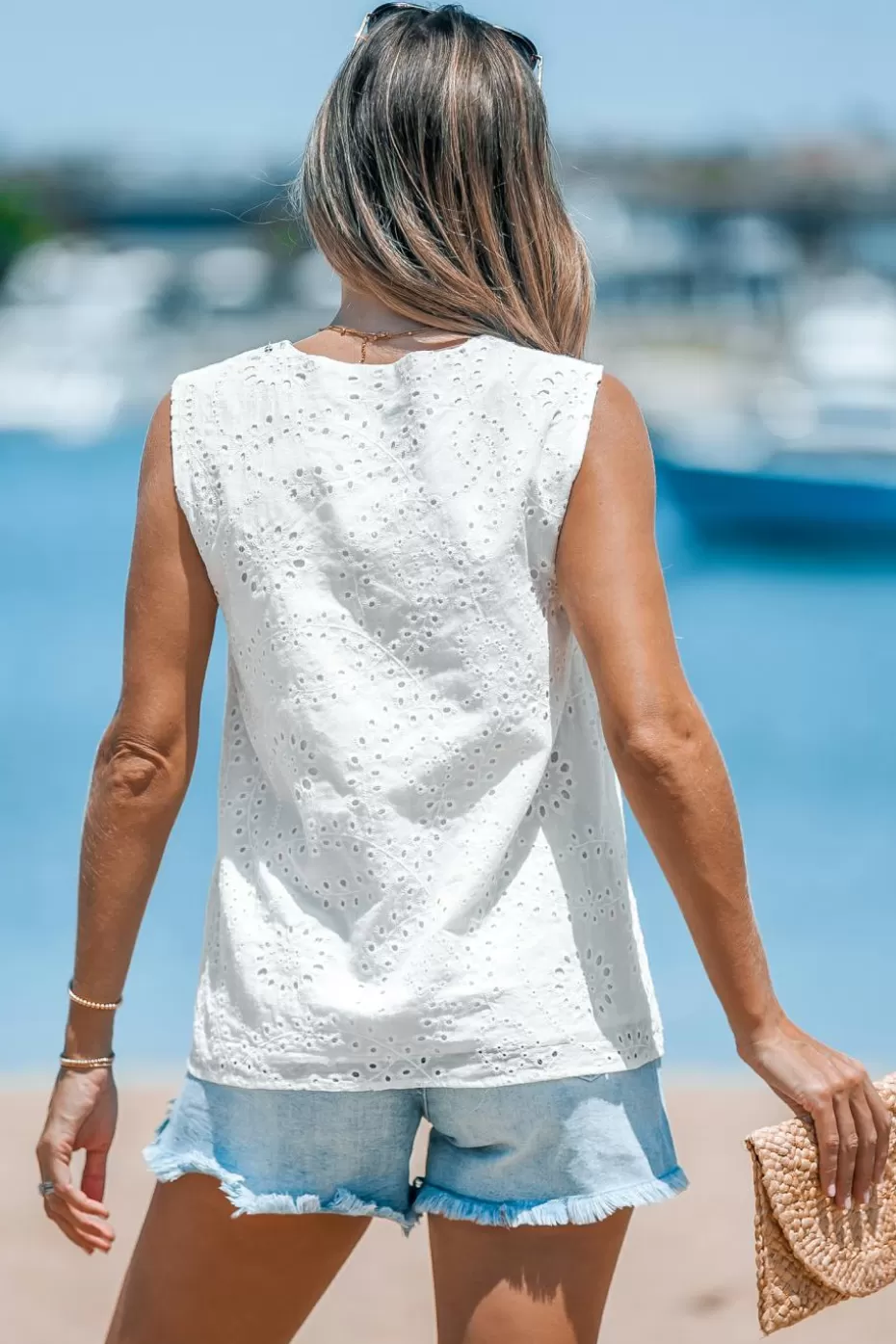 Online Cupshe Floral Lace Eyelet Sleeveless Top White
