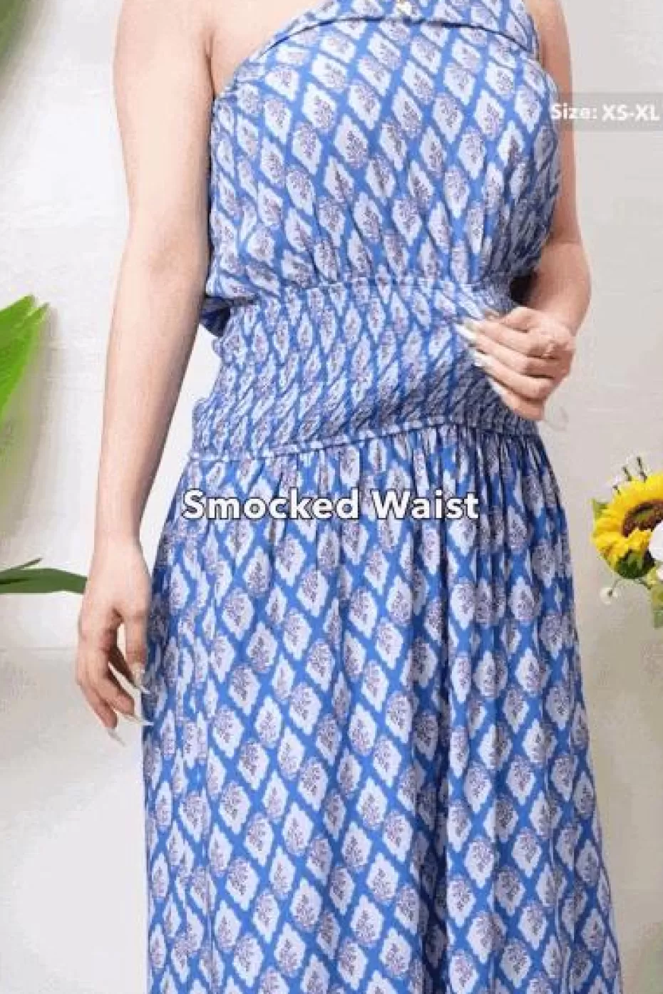 Outlet Cupshe Floral One-Shoulder Smocked Waist Maxi Dress Blue