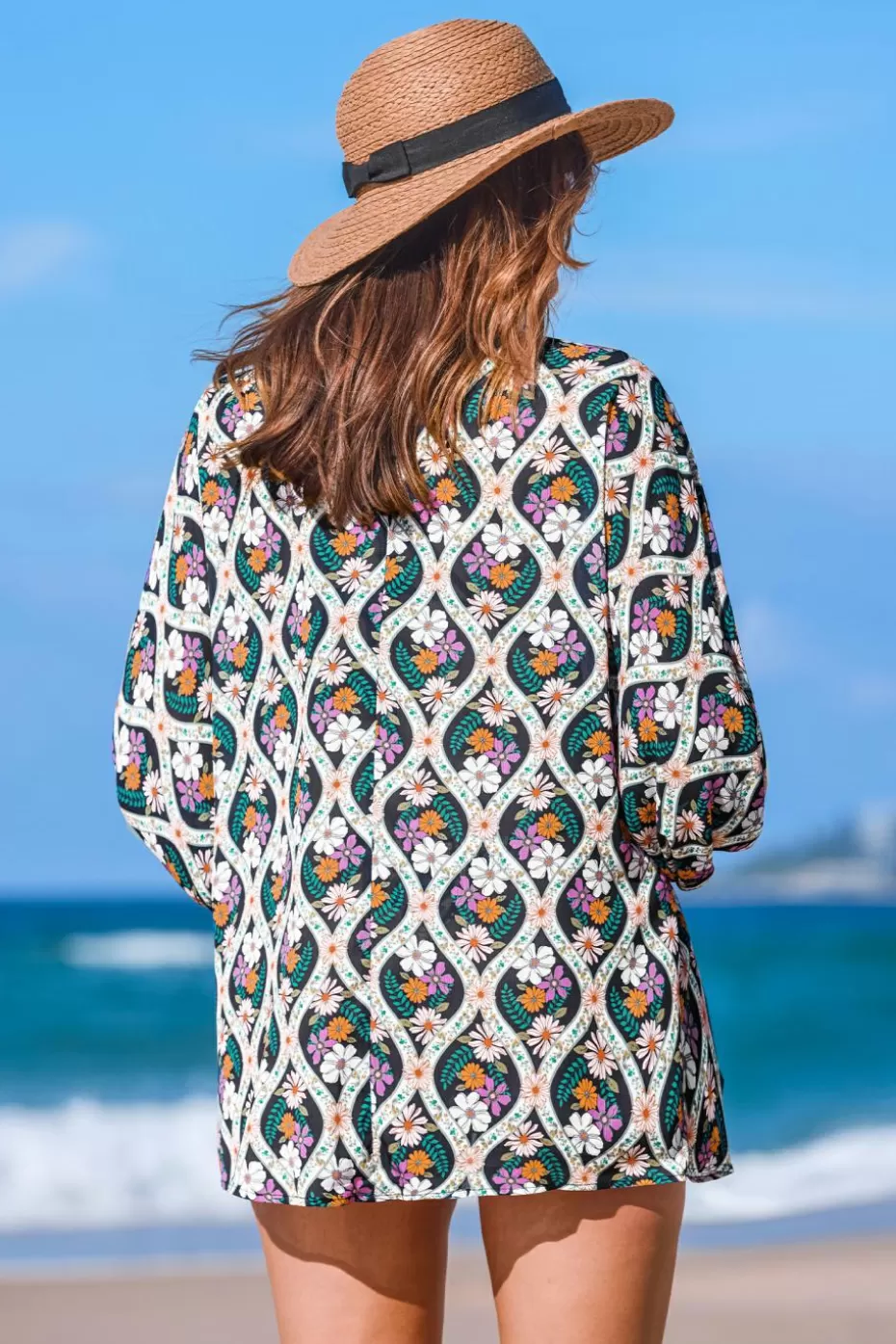 New Cupshe Floral Open Front Puff Sleeve Kimono Cover-Up Navy