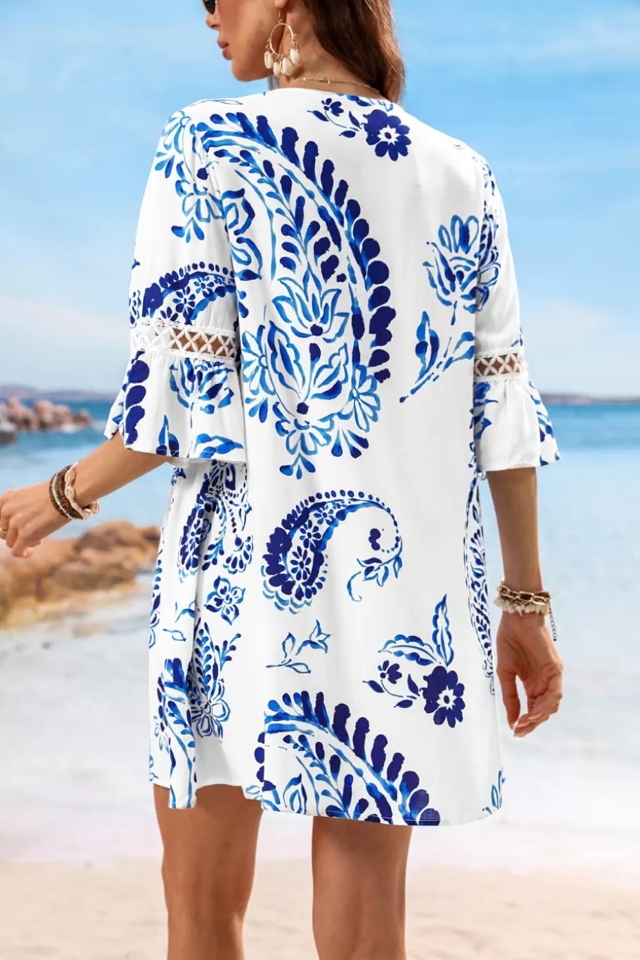 Hot Cupshe Floral Paisley Print Lace Dress Blue