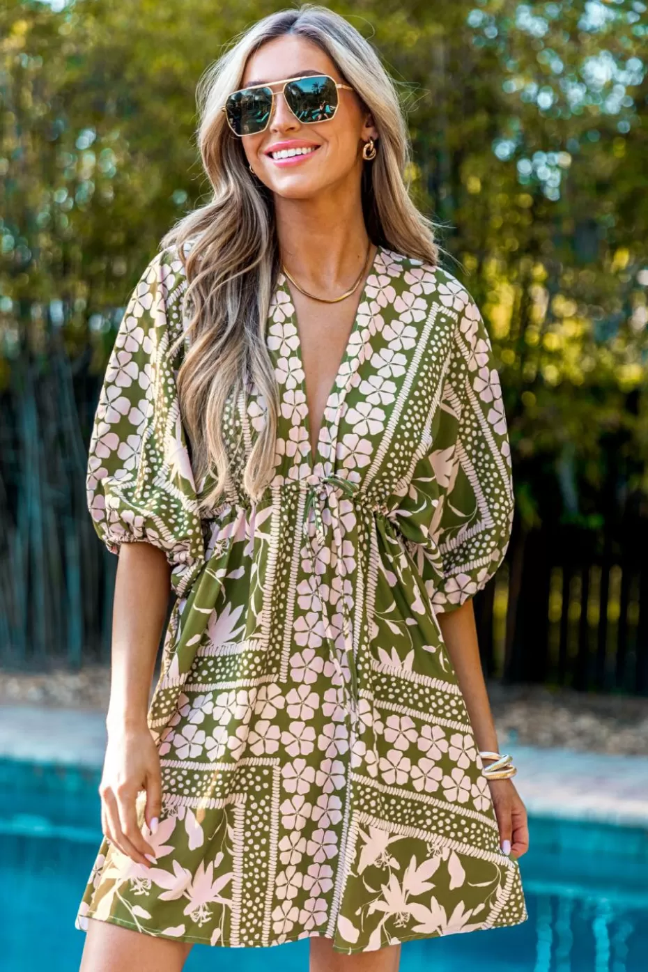 Hot Cupshe Floral Plunging Blouson Sleeve Cover-Up Dress Chartreuse