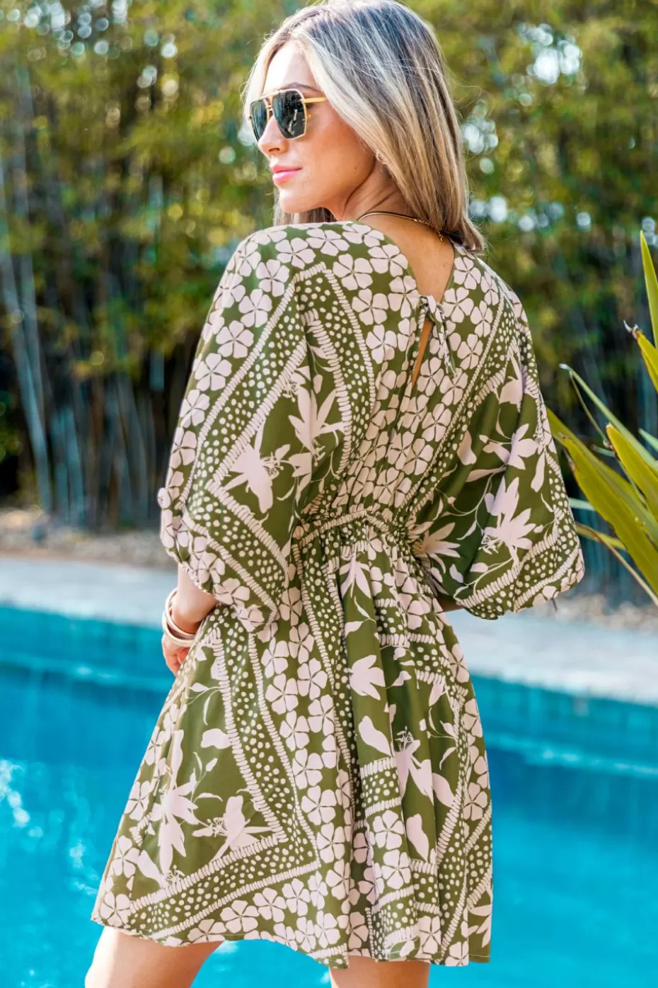 Hot Cupshe Floral Plunging Blouson Sleeve Cover-Up Dress Chartreuse