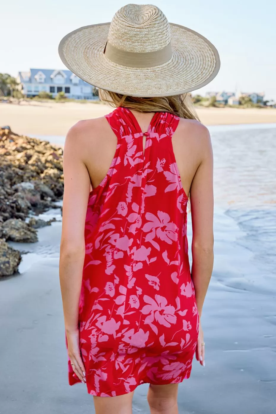 Sale Cupshe Floral Print Crisscross Halterneck Dress Red