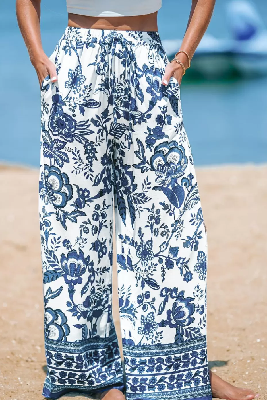 Cheap Cupshe Floral Print Drawstring Pants Aqua