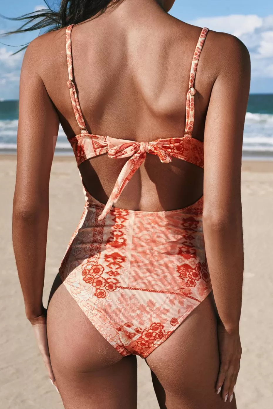 Cheap Cupshe Floral Print Plunging Lace-Up One-Piece Swimsuit Red