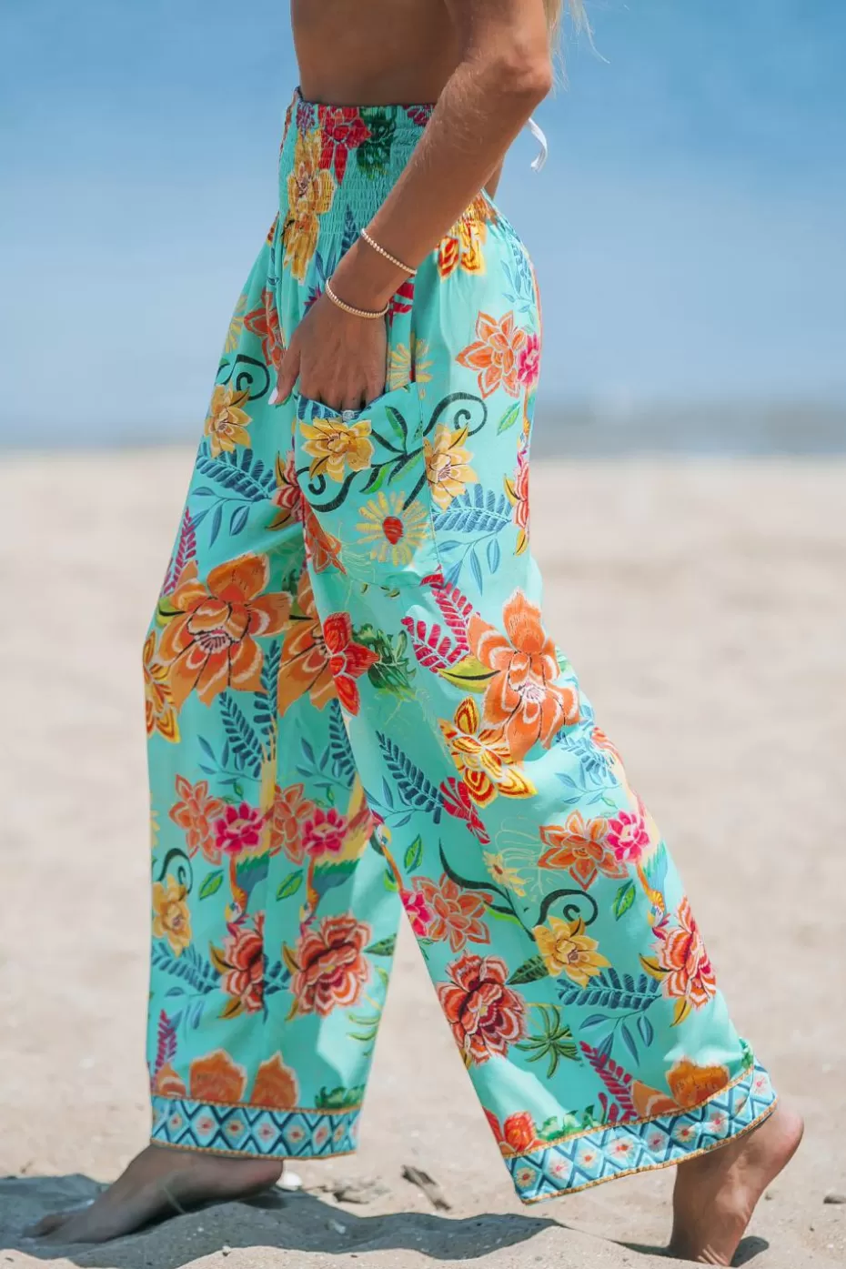 Shop Cupshe Floral Print Smocked High-Rise Pants Green