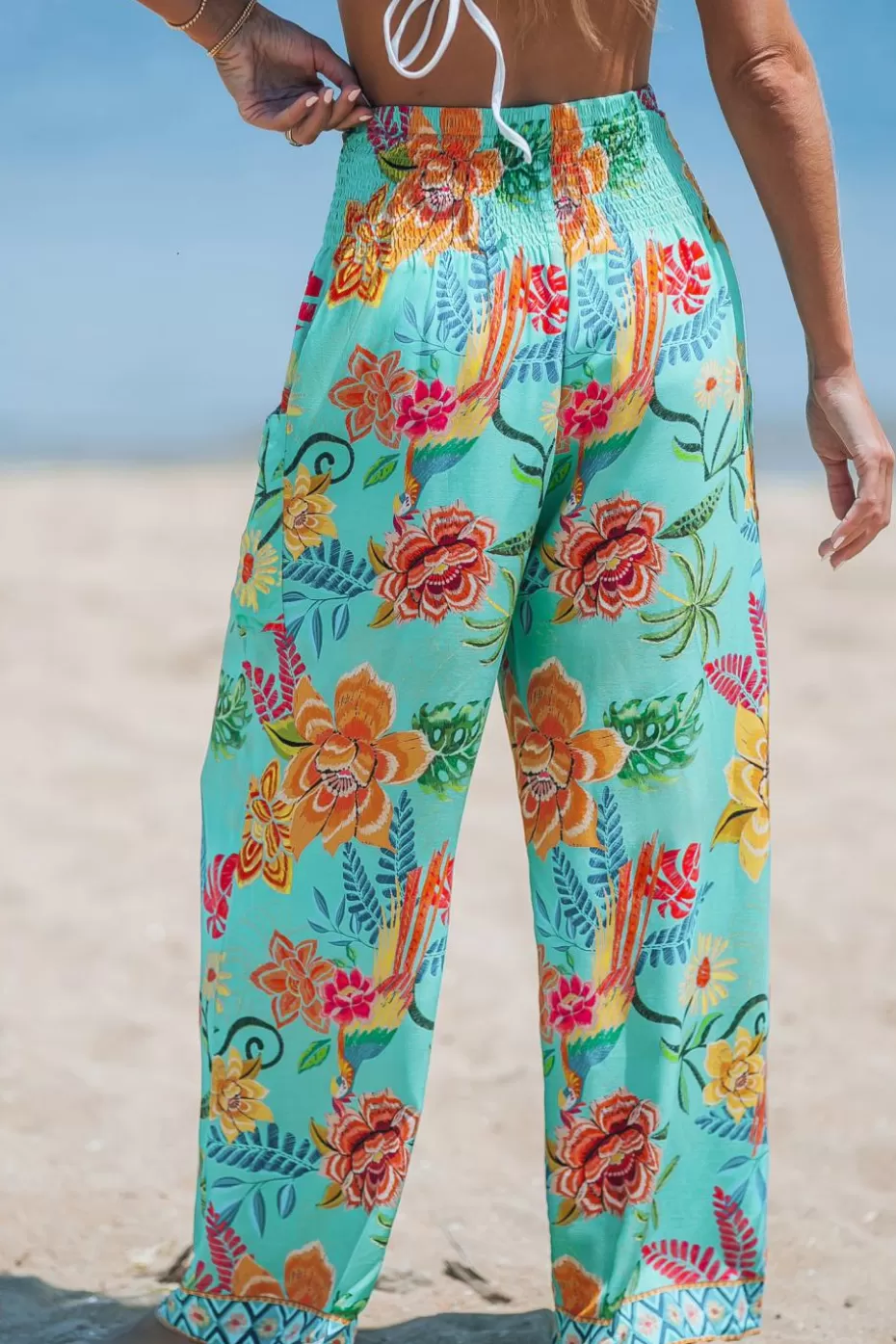 Shop Cupshe Floral Print Smocked High-Rise Pants Green