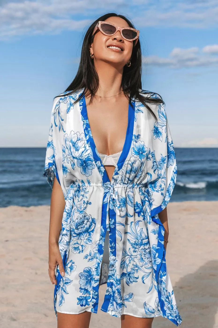 Fashion Cupshe Floral Print Tie Front Kimono Blue