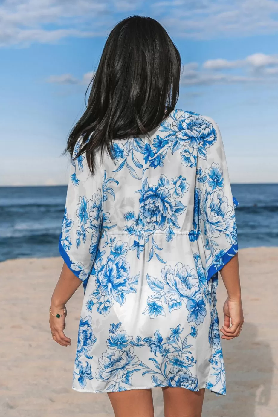 Fashion Cupshe Floral Print Tie Front Kimono Blue