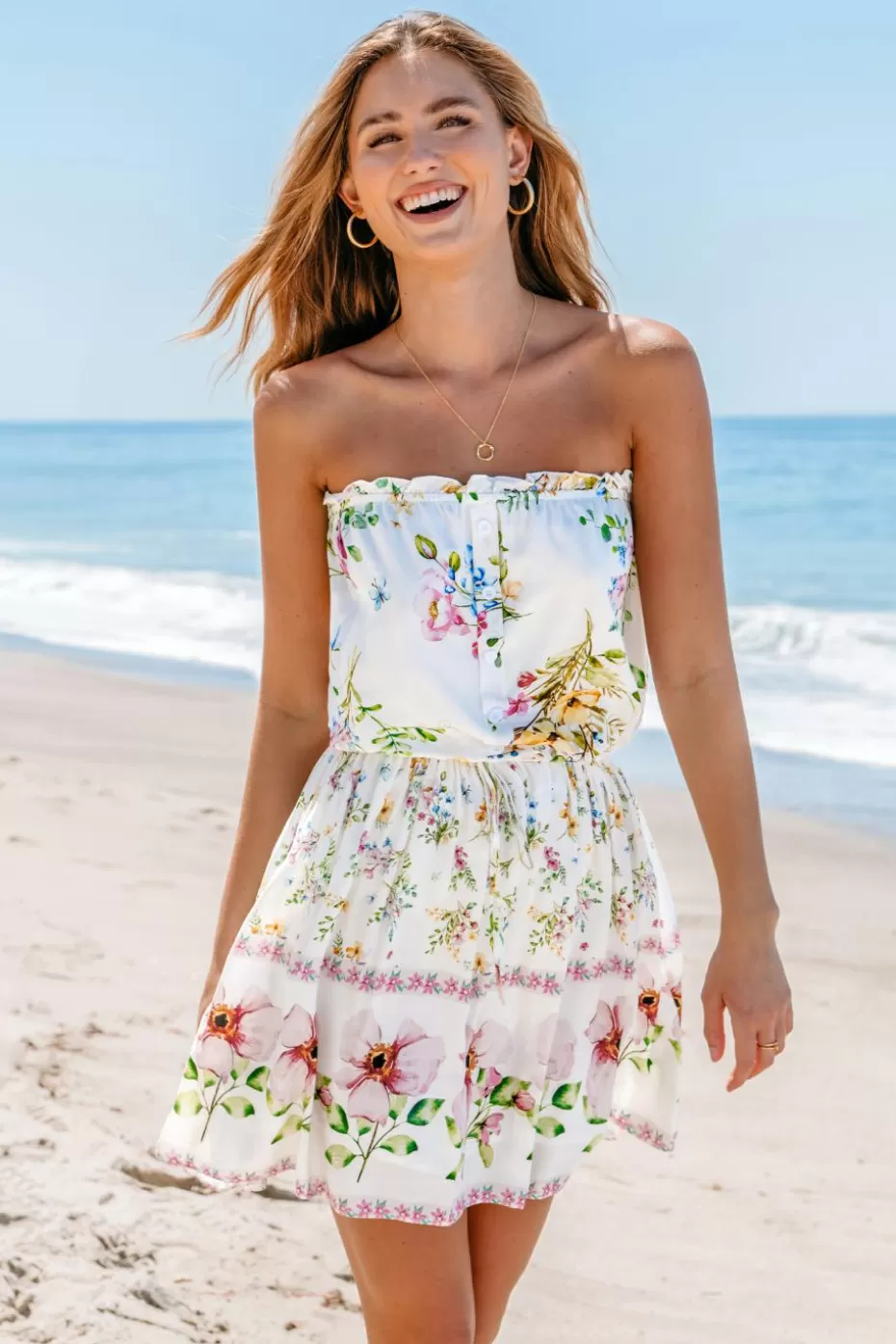Online Cupshe Floral Print Tie Waist Mini Dress White