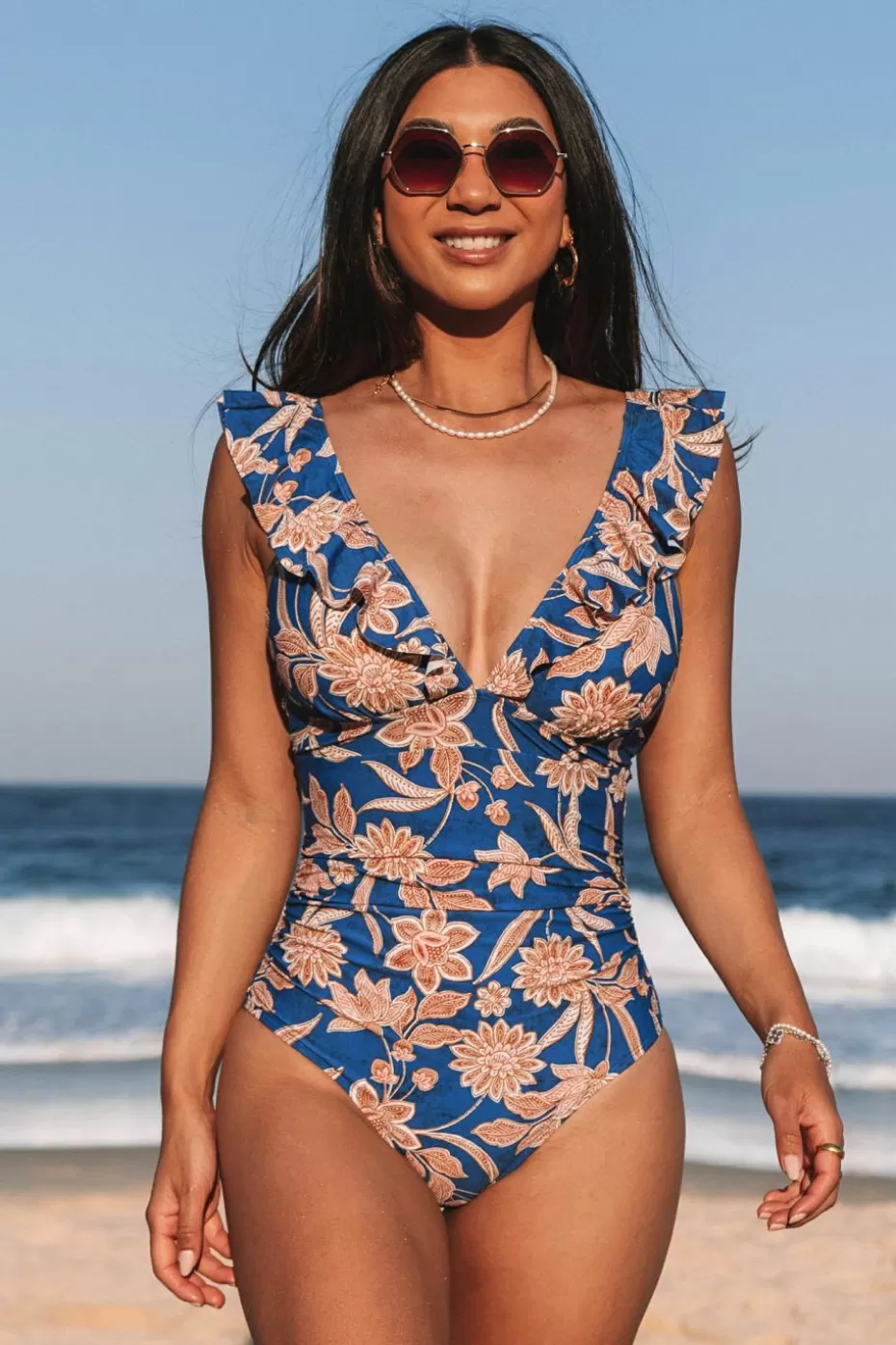 New Cupshe Floral Print Tummy Control Ruffled One-Piece Navy