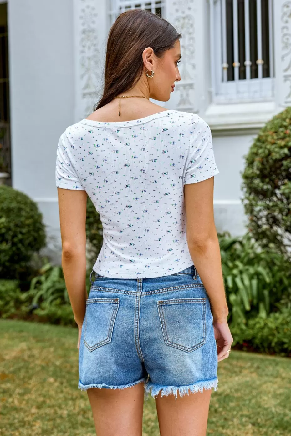Store Cupshe Floral Short Sleeve Henley Tee White