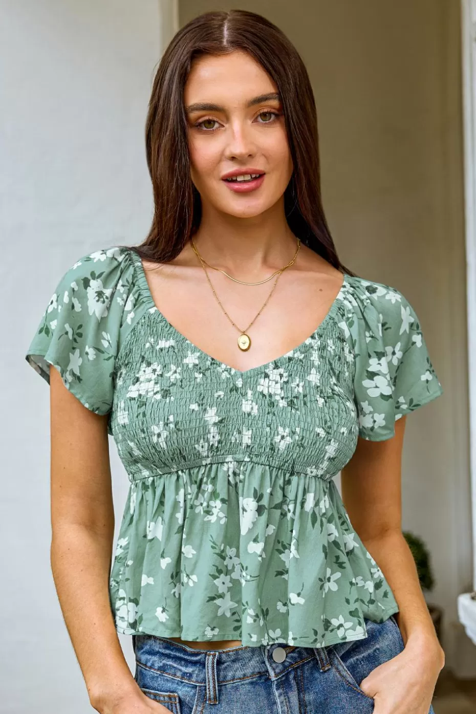 Cheap Cupshe Floral Short Sleeve Peplum Top Blue