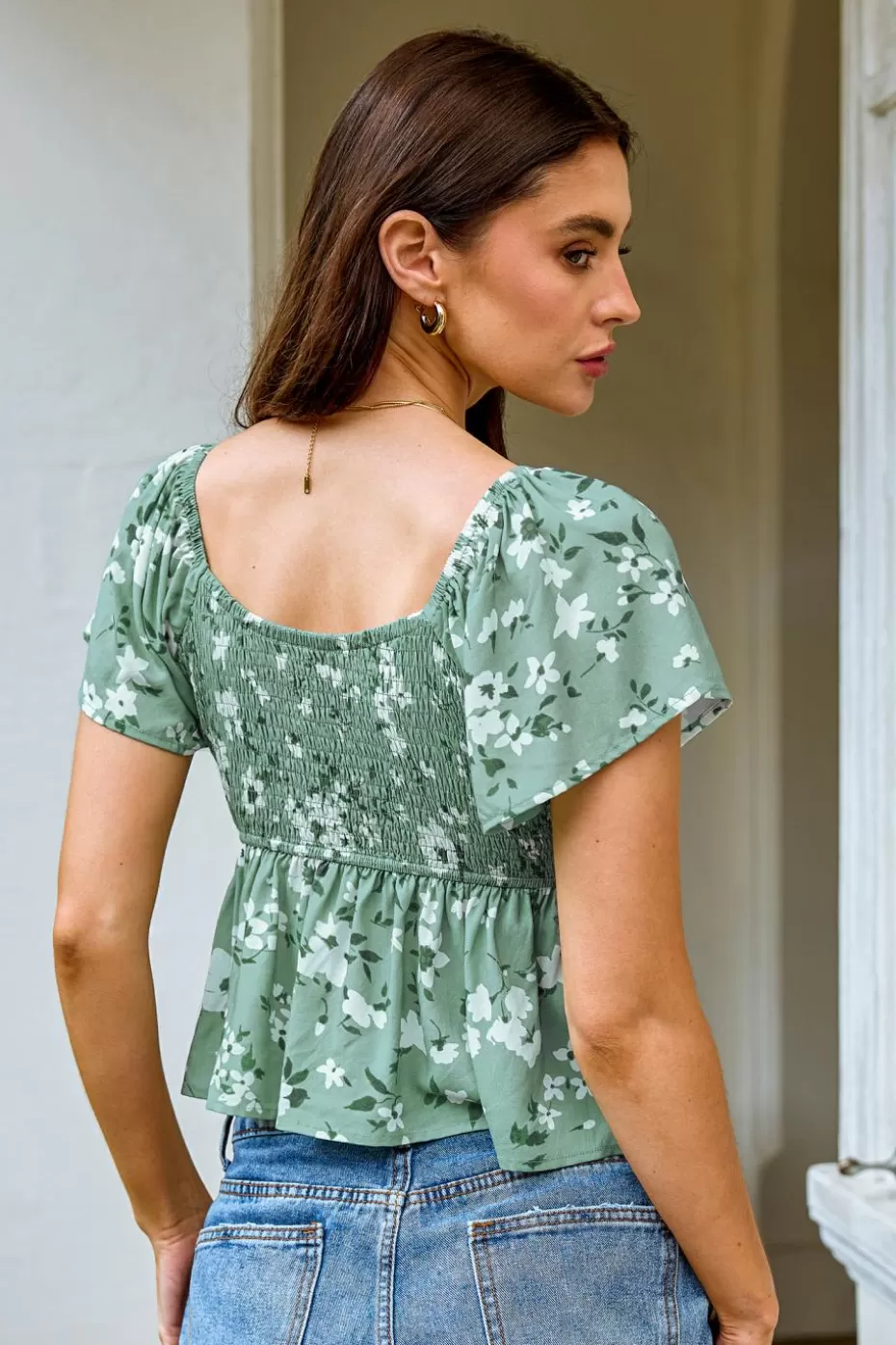 Cheap Cupshe Floral Short Sleeve Peplum Top Blue