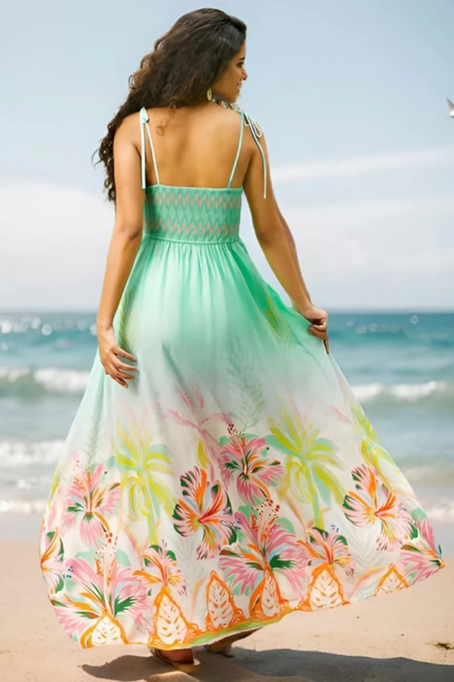Shop Cupshe Floral Smocked Tie Strap Dress Mint