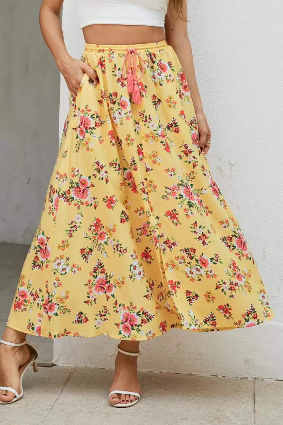 Discount Cupshe Floral Tassel Tie Waist Maxi Skirt Blue