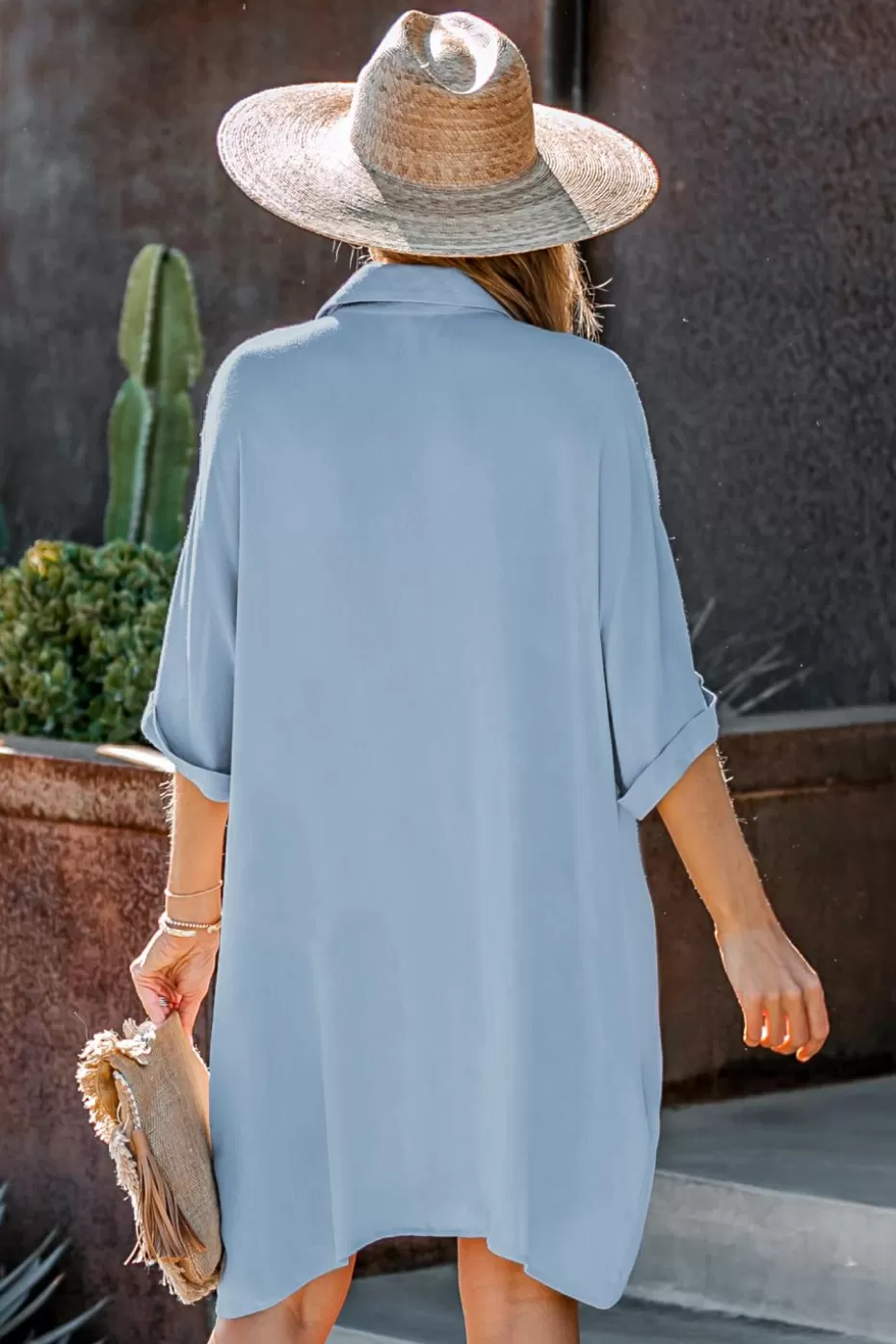 Outlet Cupshe Flowy Button-Up T-Shirt Midi Dress Light blue-Light blue