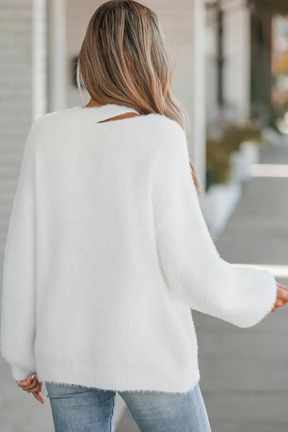 New Cupshe Fuzzy Knit Asymetrical Neck Sweater Off White/Ivory