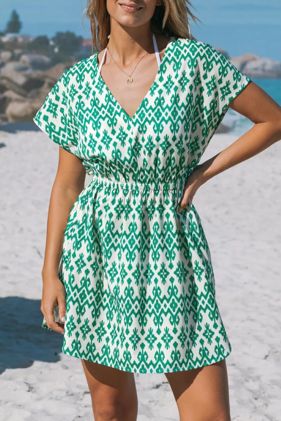 Fashion Cupshe Geo Dolman Sleeve Cover-Up Dark green-White