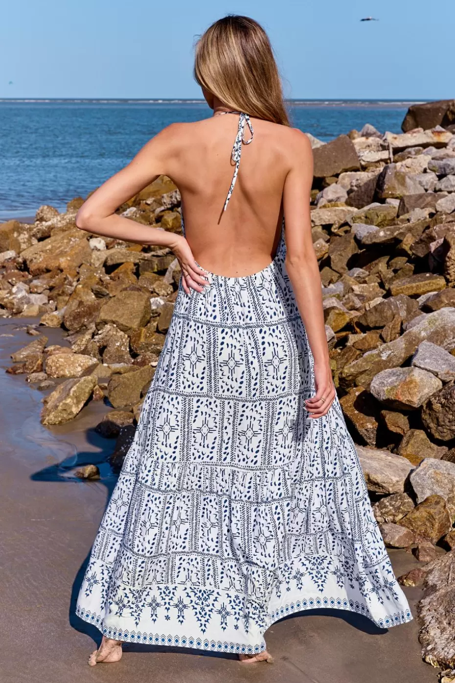 Best Cupshe Geo Print Halterneck Maxi Dress Blue