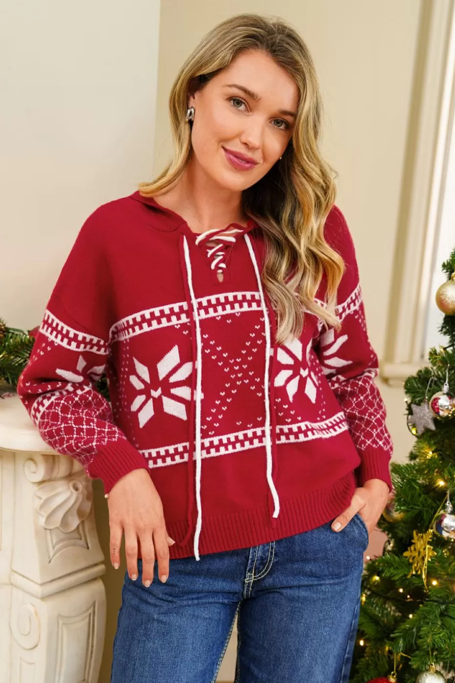 Discount Cupshe Geo Print Long Sleeve Drawstring Hood Sweater Red