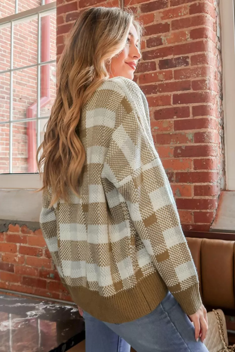 New Cupshe Gingham Button-Front Cardigan Neutral