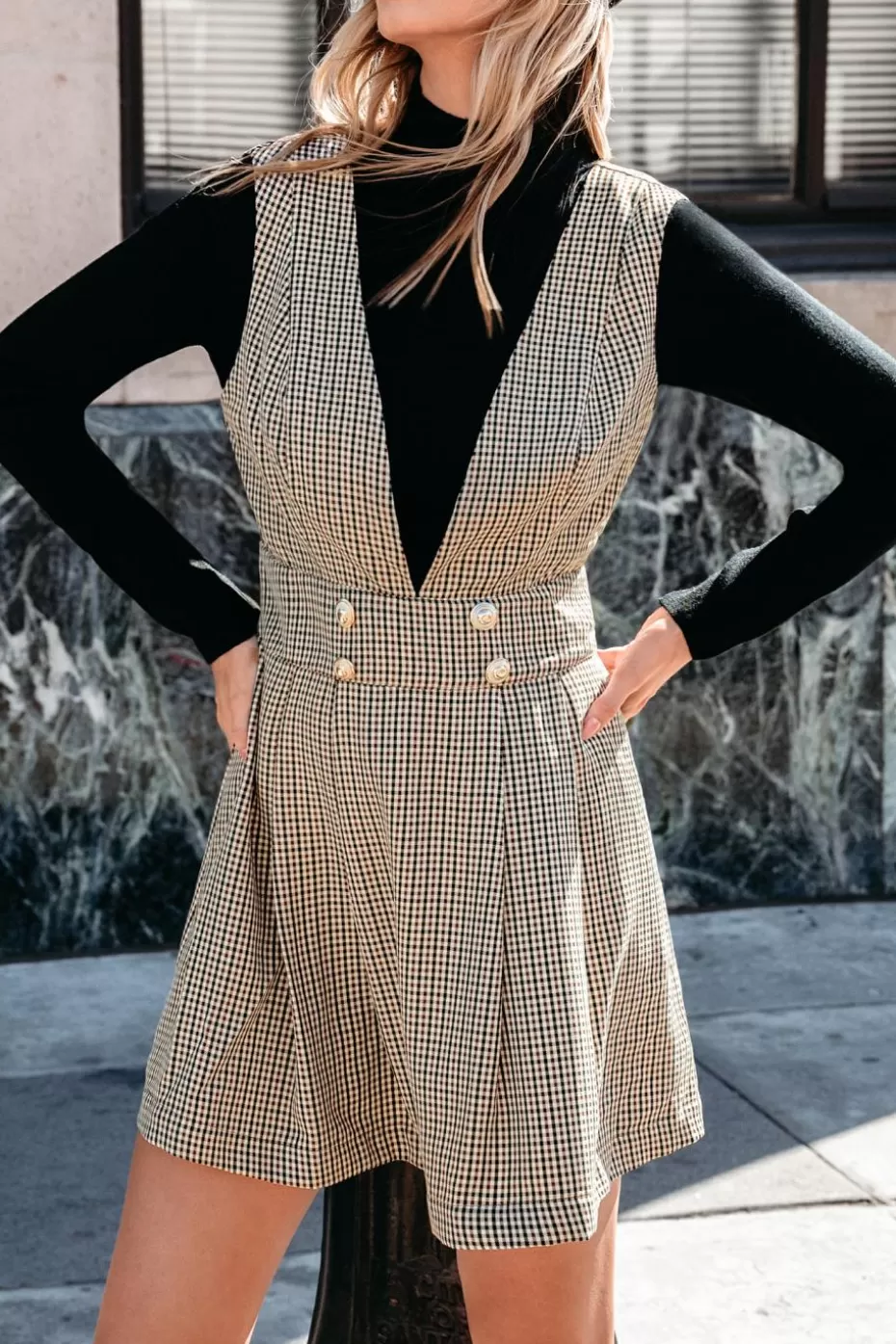 Store Cupshe Gingham Plunging Sleeveless Mini Dress Khaki