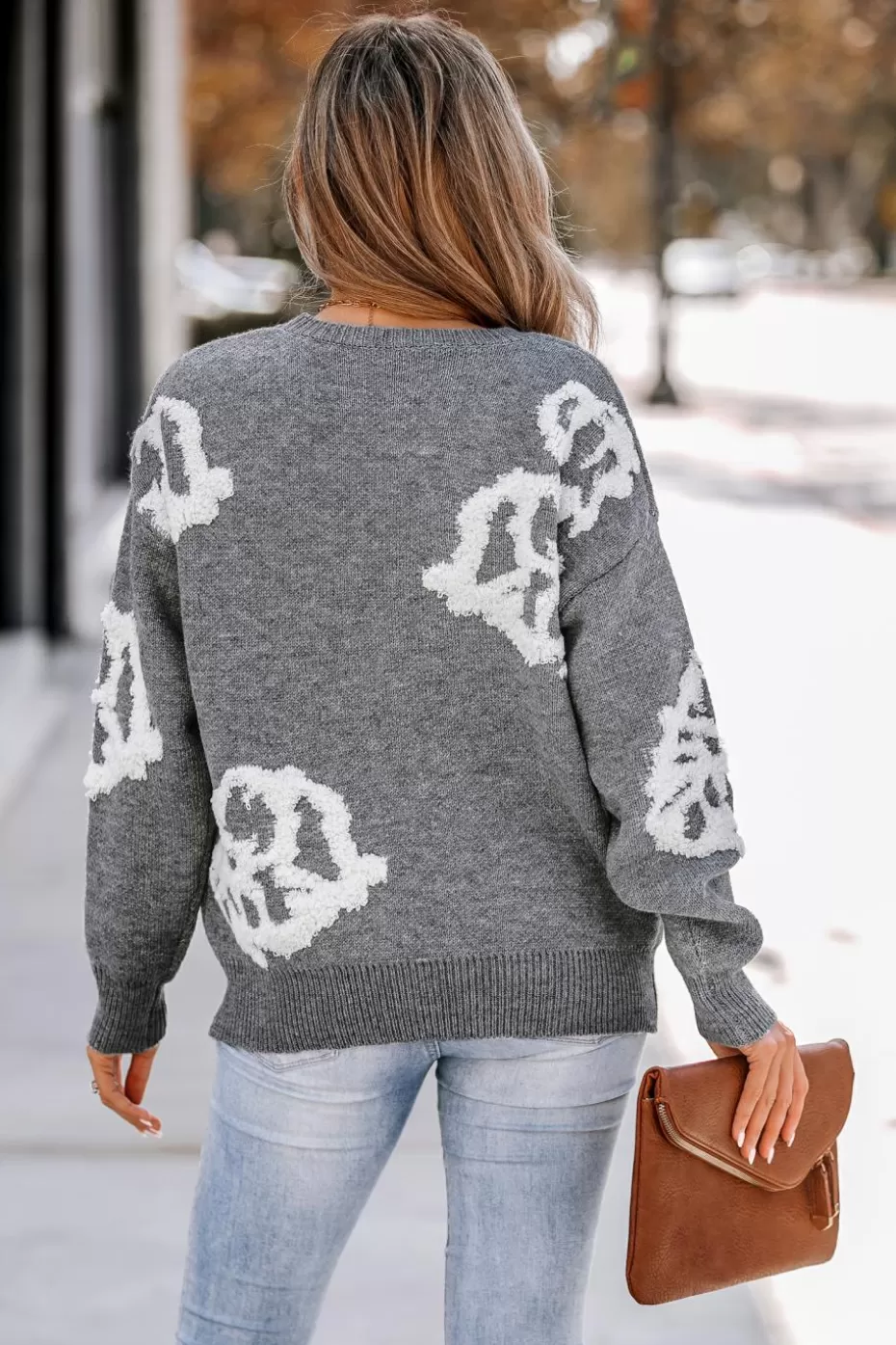 Store Cupshe Graphic Floral Knit Sweater Grey