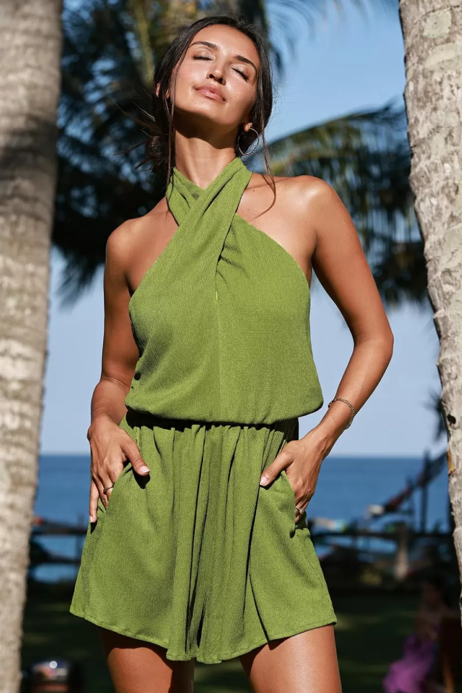 Clearance Cupshe Green Crossover Halterneck Mini Dress Grass