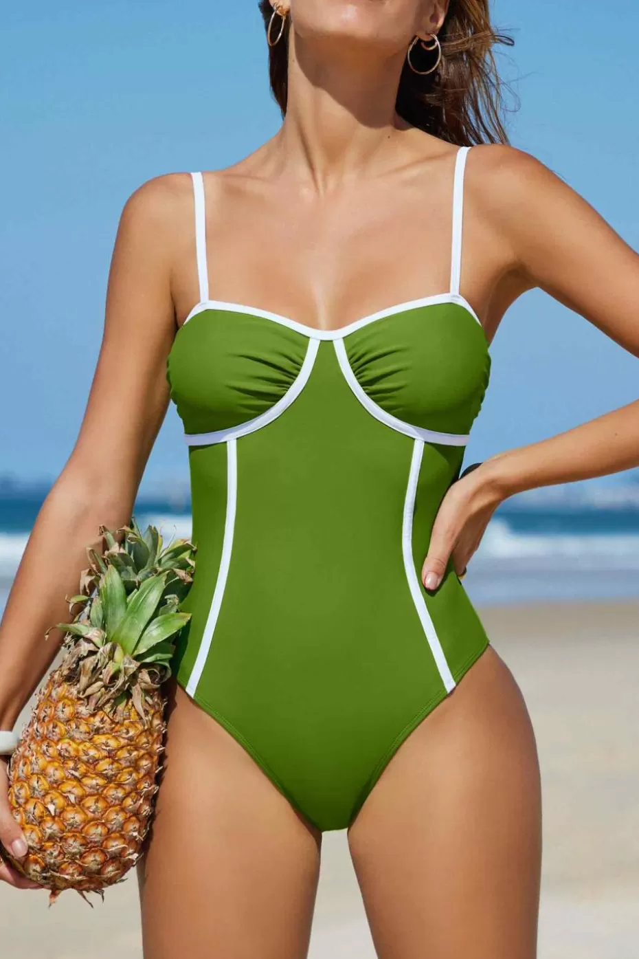 Fashion Cupshe Green Square Neck Cheeky One-Piece Grass
