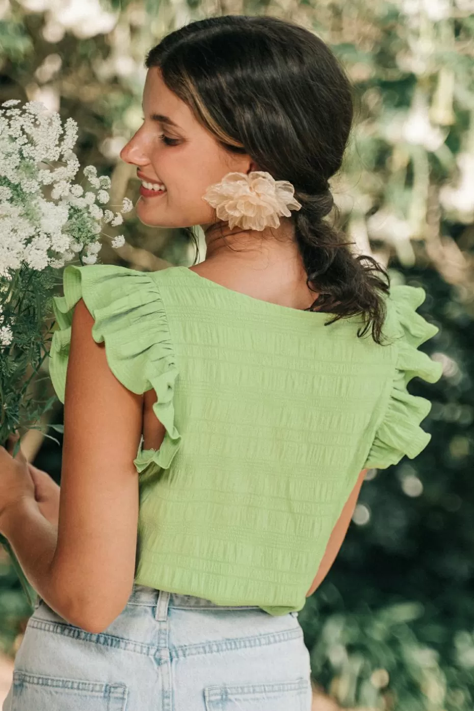 Best Sale Cupshe Grass Green Square Neck Flutter Sleeve Blouse Light Green