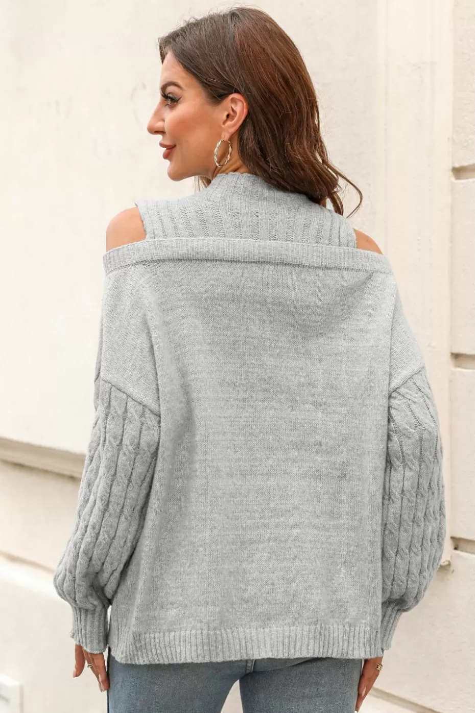New Cupshe Gray Cable Knit Open-Shoulder Sweater Grey