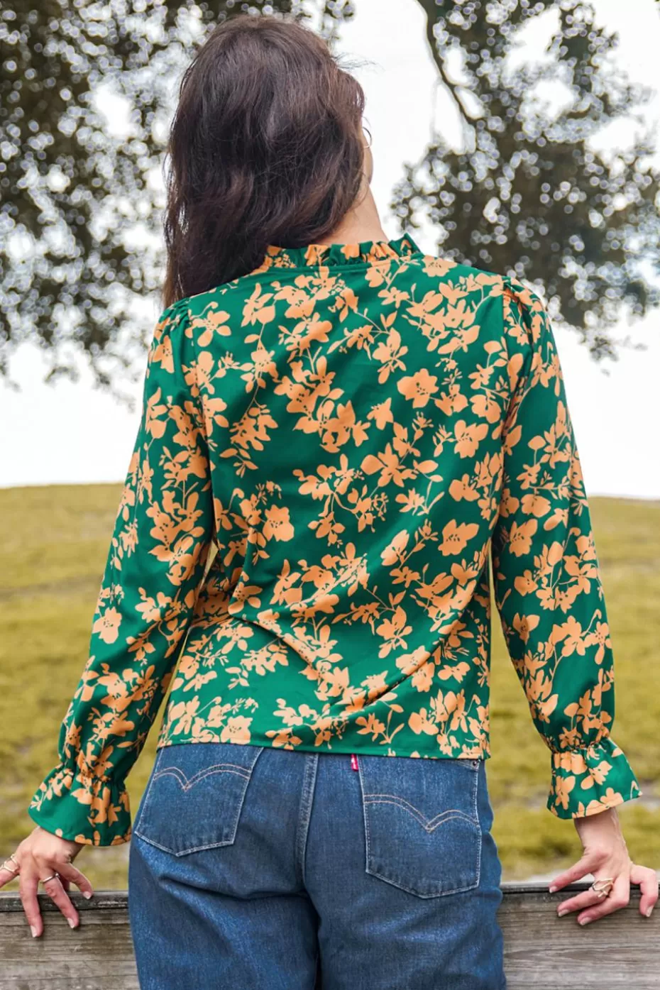 Fashion Cupshe Green & Split Neck Poet Sleeve Blouse Orange